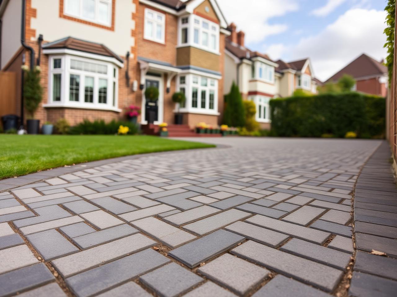 Block paving driveway in herringbone pattern